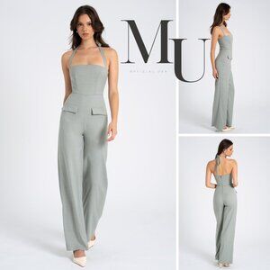 Zaria Sage Green Wide Leg Halter Jumpsuit